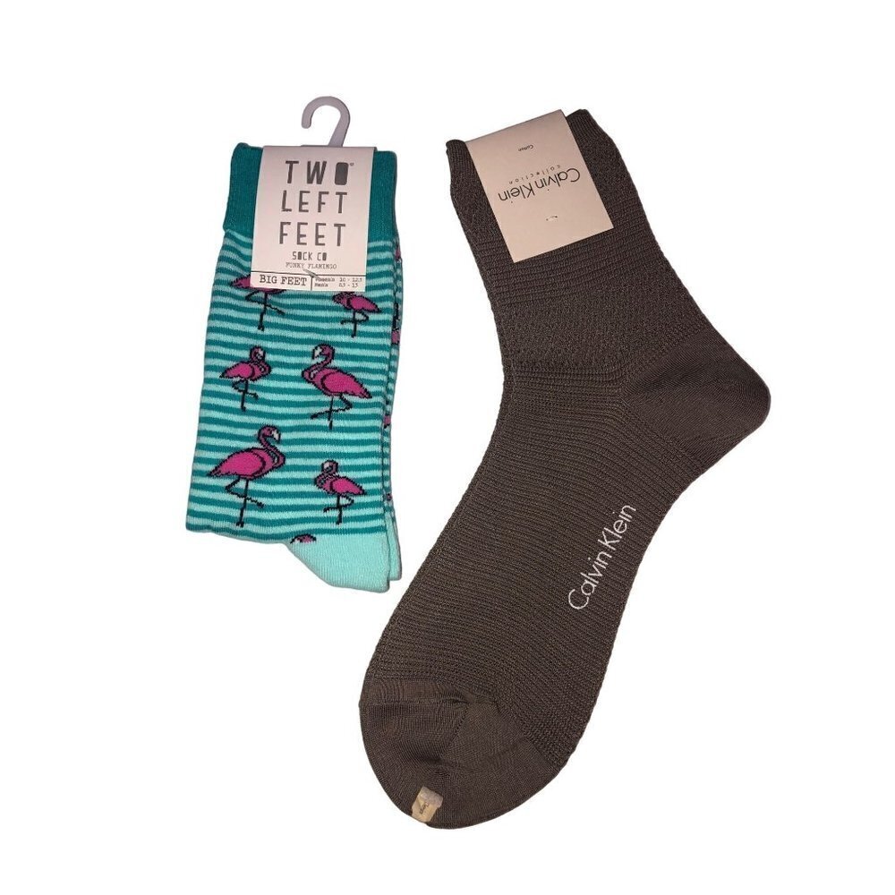 Large Socks 2 Pair Calvin Klein Two Left Feet Flamingos Blue Striped Brown NWT